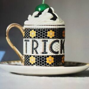 ❤️ ANTHROPOLOGIE THE BISTRO TILE STONEWARE ESPRESSO CUP SET HALLOWEEN NEW